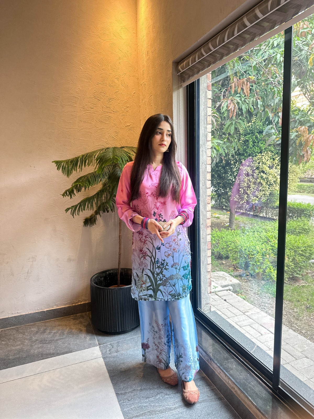 Pink & Ice Blue Ombré Botanical Printed 2-Piece Suit