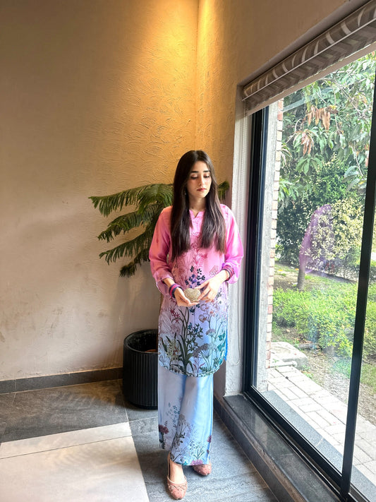 Pink & Ice Blue Ombré Botanical Printed 2-Piece Suit