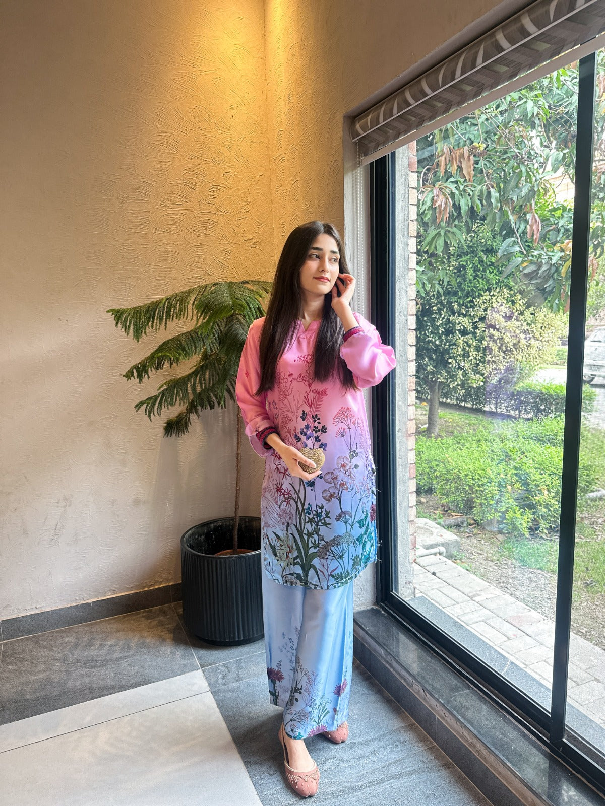 Pink & Ice Blue Ombré Botanical Printed 2-Piece Suit
