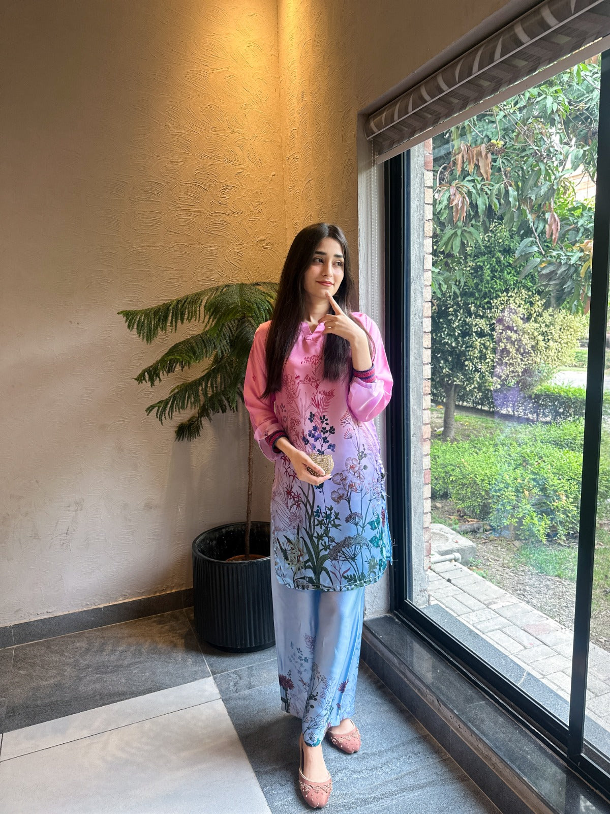 Pink & Ice Blue Ombré Botanical Printed 2-Piece Suit