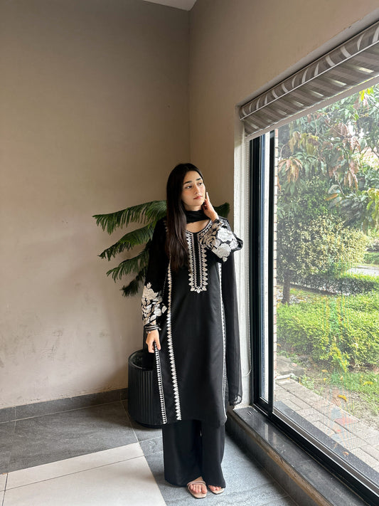 Black Luxury Linen Embroidered 3pc Dress