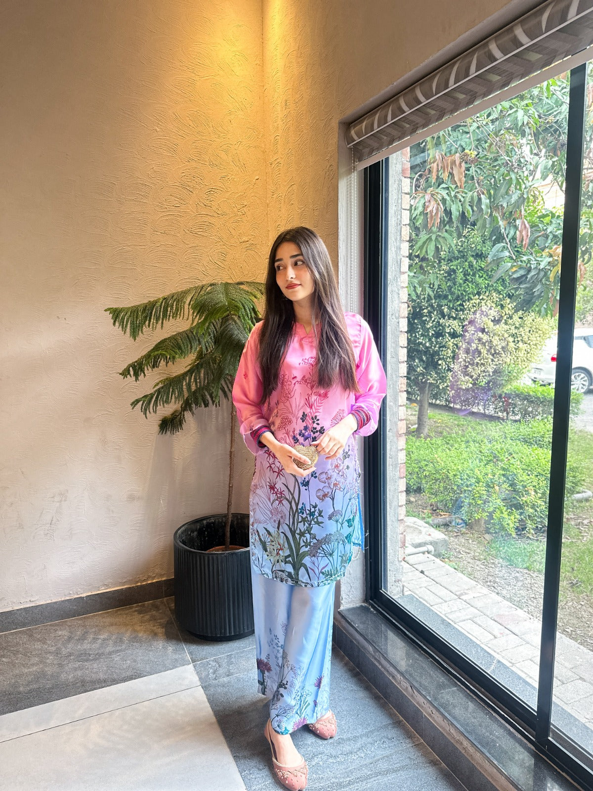 Pink & Ice Blue Ombré Botanical Printed 2-Piece Suit