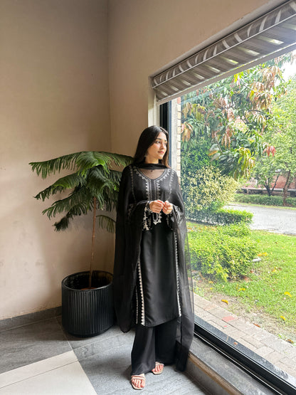 Black Luxury Linen Embroidered 3pc Dress