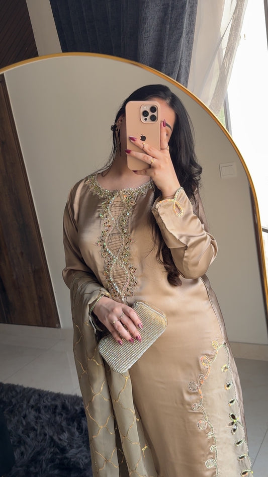 3-Piece Luxury Hand-Embellished Silk Suit with Elegant Embroidered Chiffon Dupatta