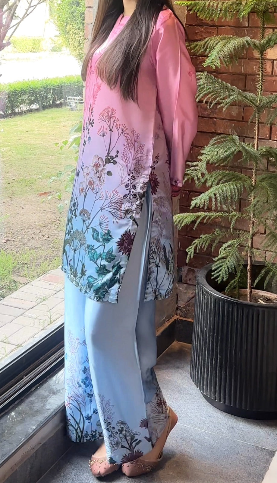 Pink & Ice Blue Ombré Botanical Printed 2-Piece Suit