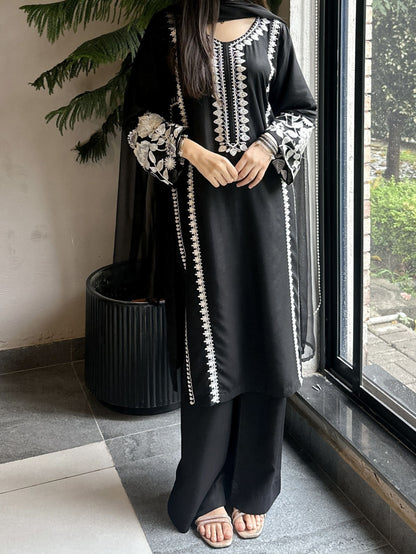 Black Luxury Linen Embroidered 3pc Dress