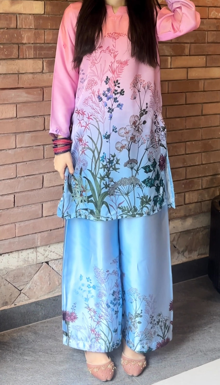 Pink & Ice Blue Ombré Botanical Printed 2-Piece Suit