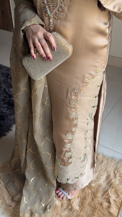 3-Piece Luxury Hand-Embellished Silk Suit with Elegant Embroidered Chiffon Dupatta
