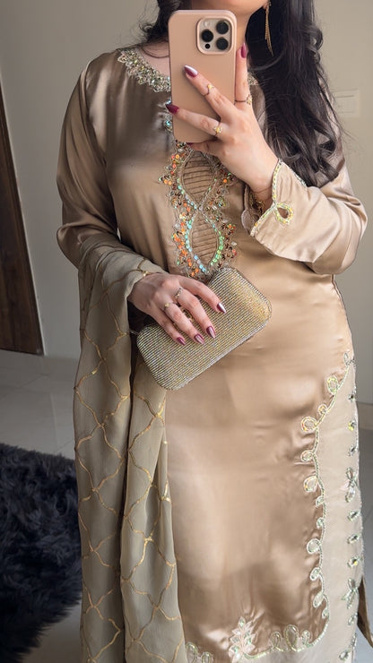 3-Piece Luxury Hand-Embellished Silk Suit with Elegant Embroidered Chiffon Dupatta