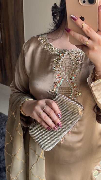 3-Piece Luxury Hand-Embellished Silk Suit with Elegant Embroidered Chiffon Dupatta