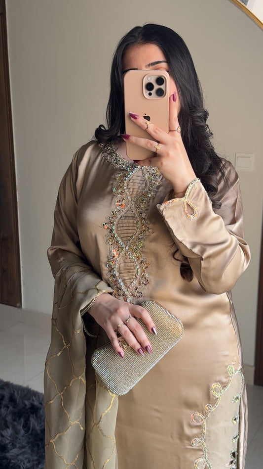 3-Piece Luxury Hand-Embellished Silk Suit with Elegant Embroidered Chiffon Dupatta
