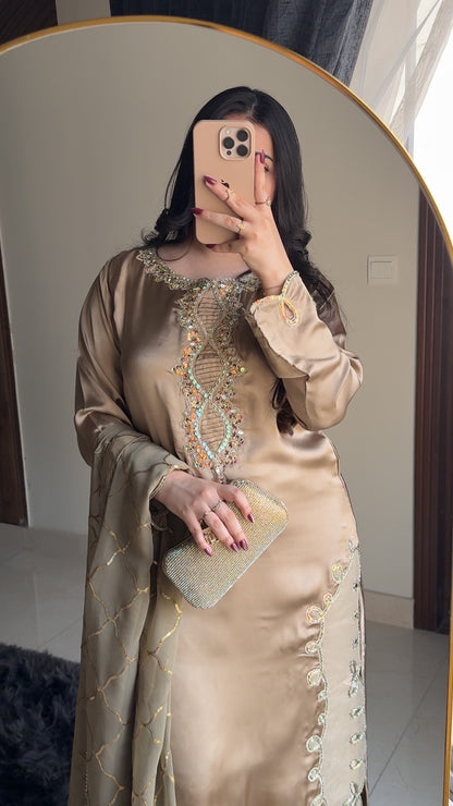 3-Piece Luxury Hand-Embellished Silk Suit with Elegant Embroidered Chiffon Dupatta