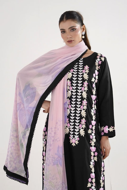 Royal Black Embroidered Lawn 3-Piece Suit