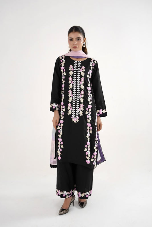 Royal Black Embroidered Lawn 3-Piece Suit