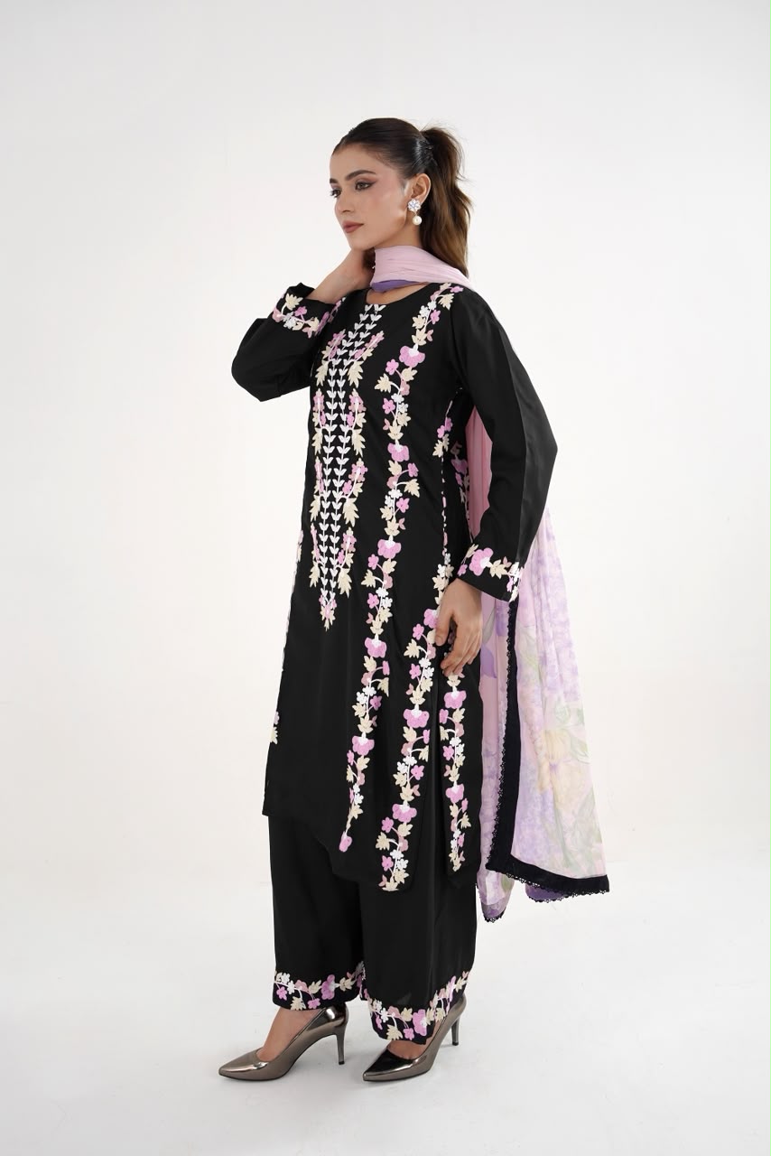 Royal Black Embroidered Lawn 3-Piece Suit